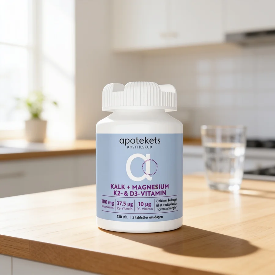 Apotekets Kalk + Magnesium, K2 & D3 i et hverdagsmiljø