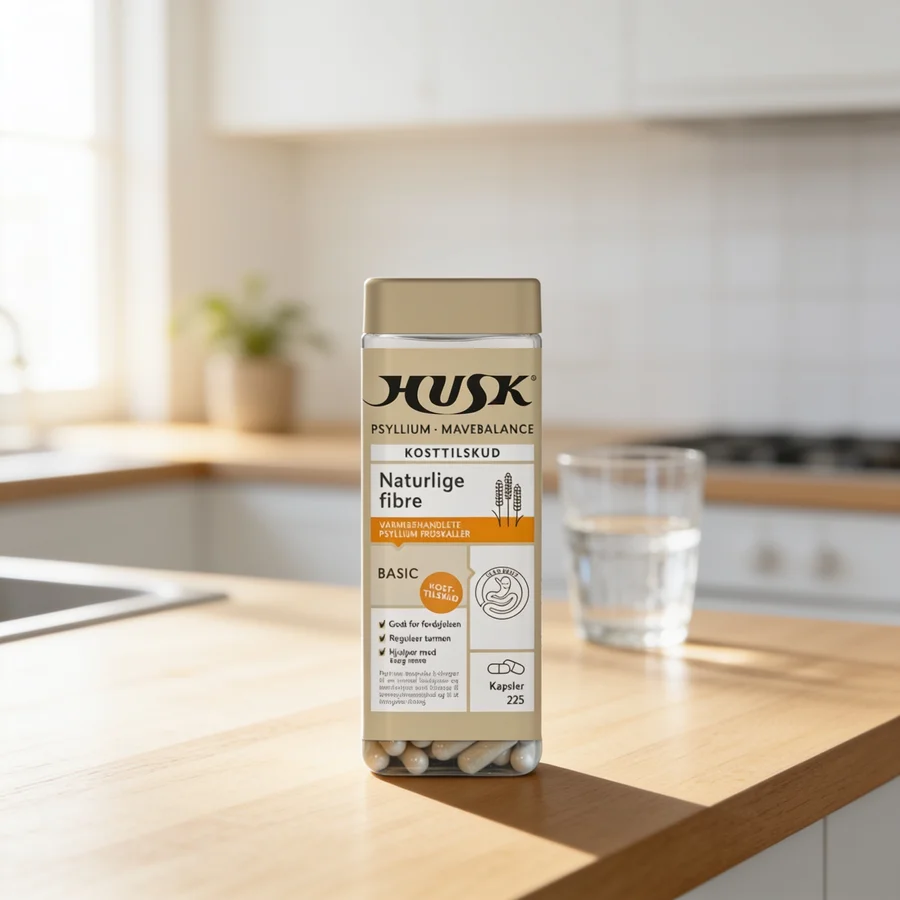 HUSK Psyllium Mavebalance, 225 kapsler i et hverdagsmiljø