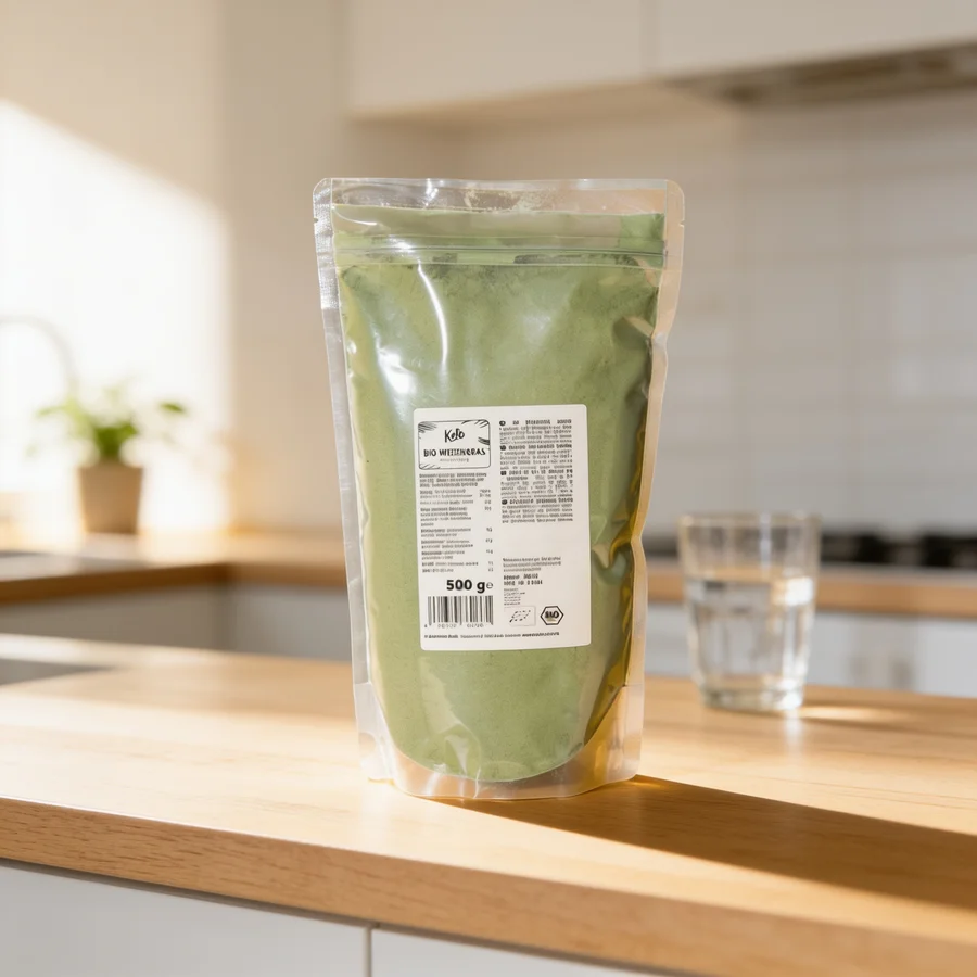 KoRo Økologisk hvedegræs-pulver 500 g i et hverdagsmiljø