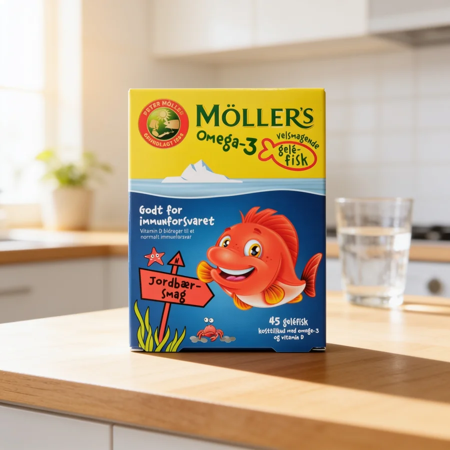 Møllers Omega-3 Gelefisk Jordbær i et hverdagsmiljø
