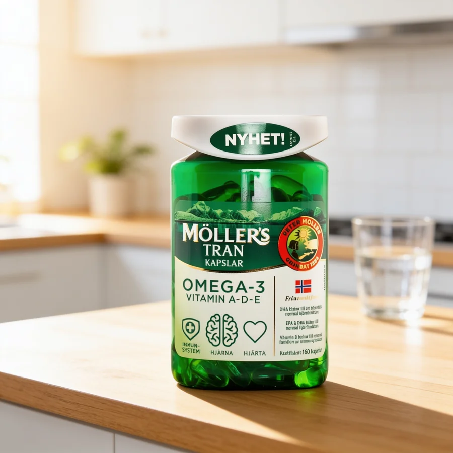 Möllers Omega-3 (torskeleverolie-kapsler) i et hverdagsmiljø
