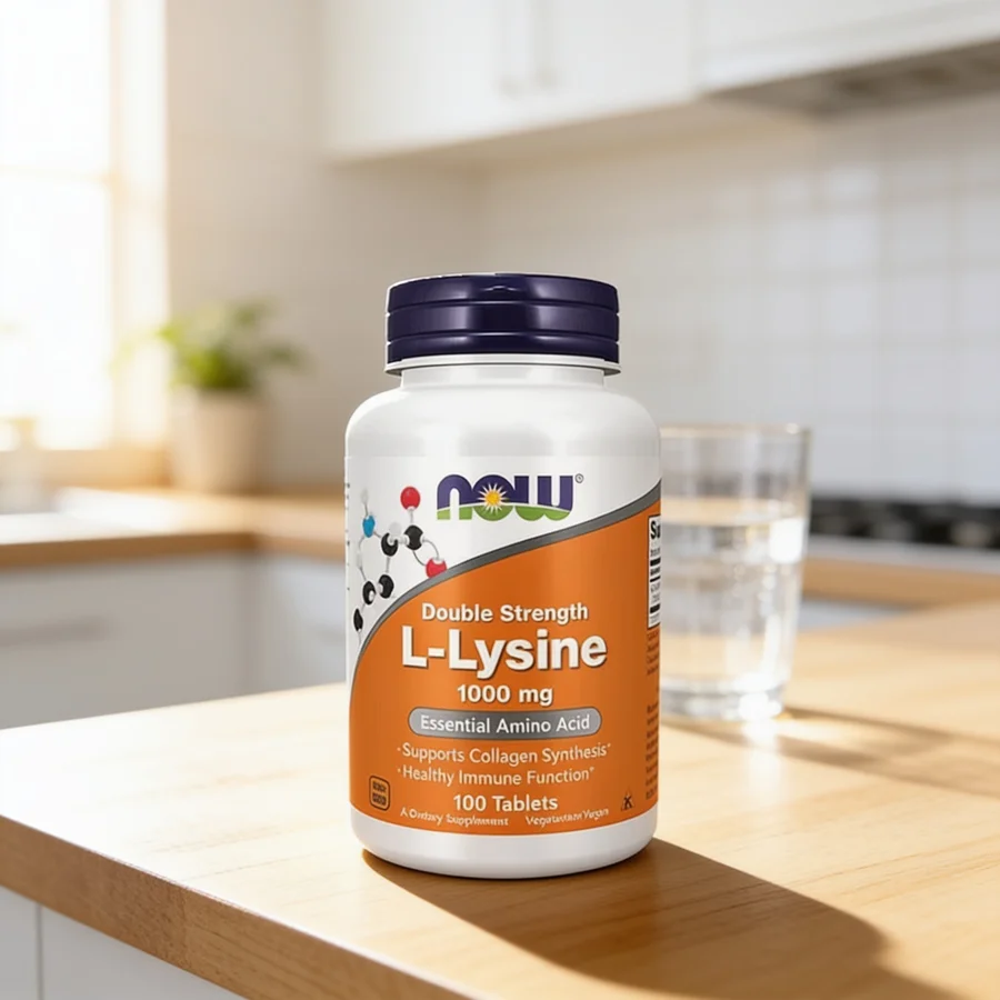 Now Foods L-Lysine 1000 mg i et hverdagsmiljø