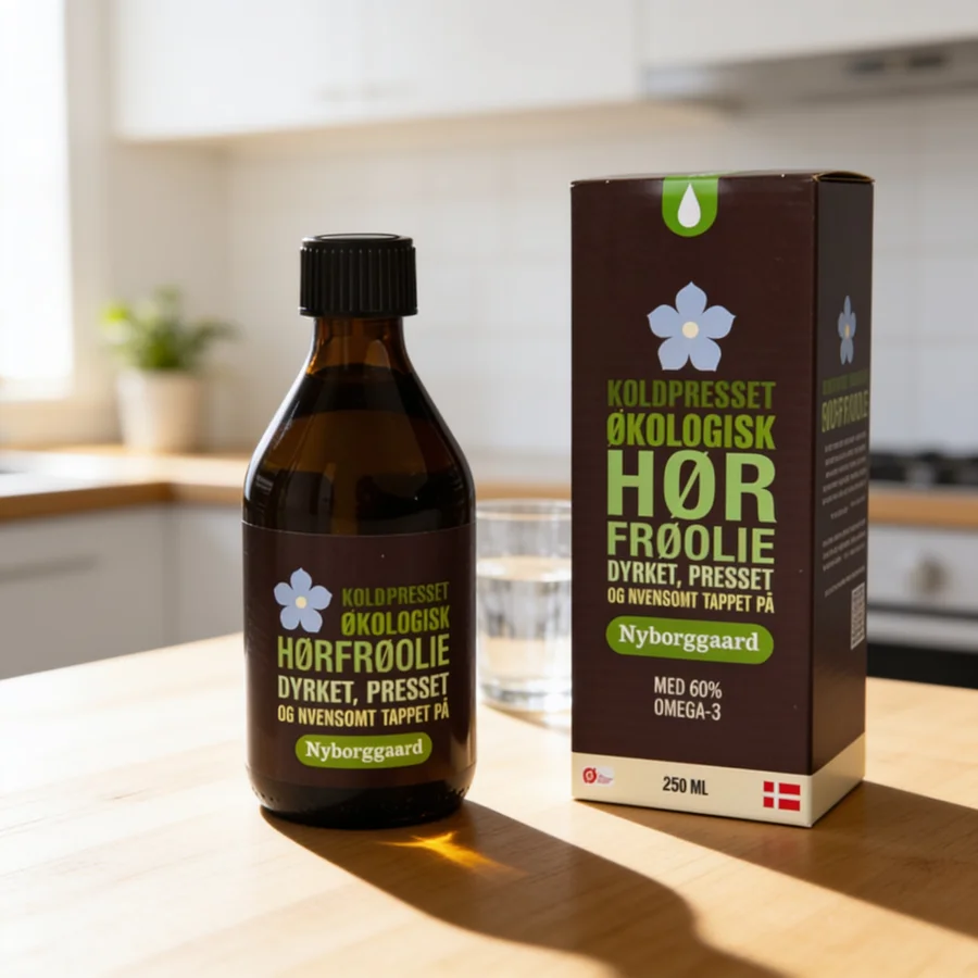 Nyborggaard Hørfrøolie Koldpresset Ø 250 ml i et hverdagsmiljø